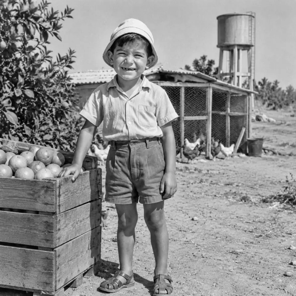 יעקב בן שבע, 1952, בשחור־לבן: כובע טמבל, ארגז תפוזים וחיוך עם שן חסרה, בחצר של מושב.