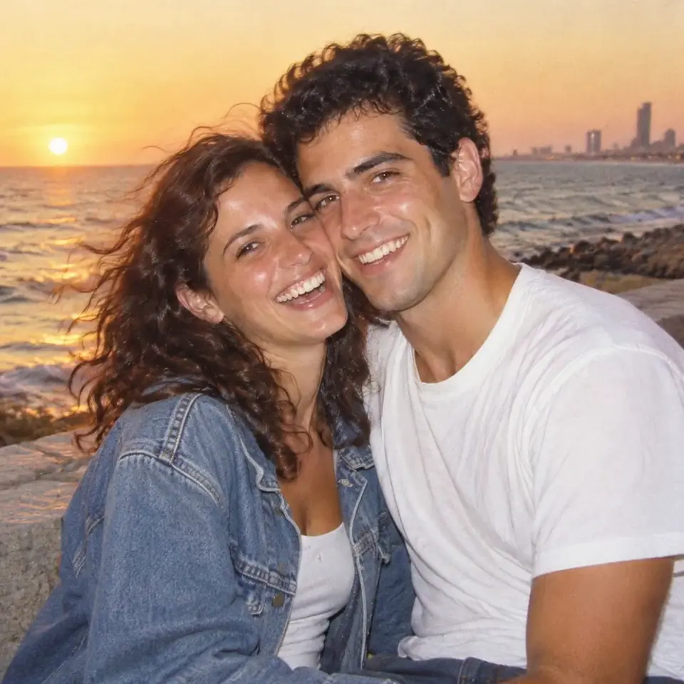 ענת ויואב ב־1993, בקיץ הראשון שלהם, על חומת הטיילת בתל אביב בשקיעה.