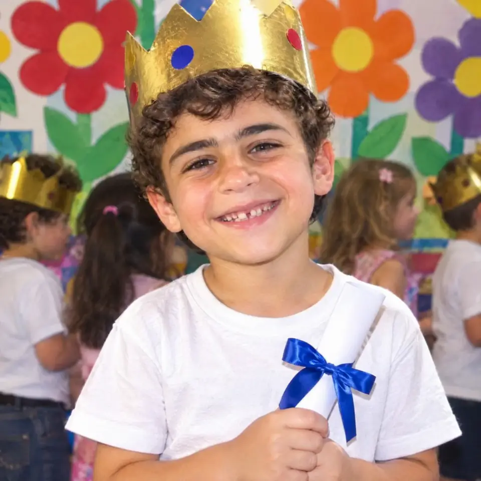 עומר בן חמש במסיבת סוף השנה בגן, עם כתר נייר זהוב ותעודה קשורה בסרט כחול.