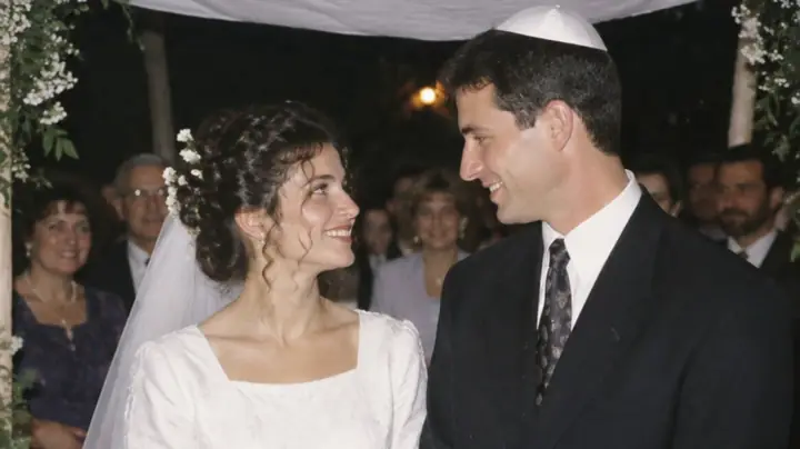 נועה ואורי מתחת לחופה, 1998: הכלה בשמלה לבנה והחתן בכיפה מחייכים זה לזה.